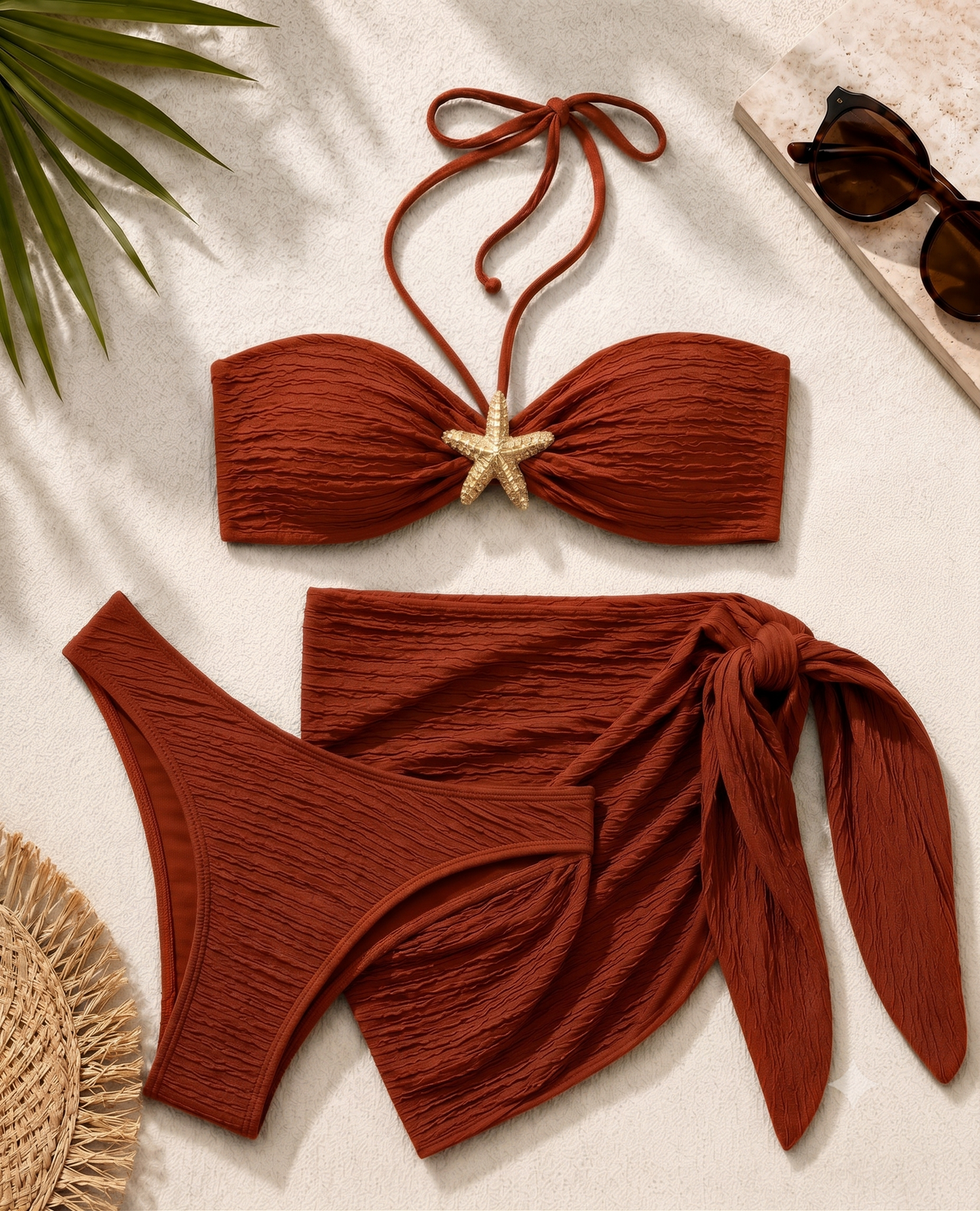 Textured Starfish Strap Bikini Set with Sheer Wrap Skirt - Brown