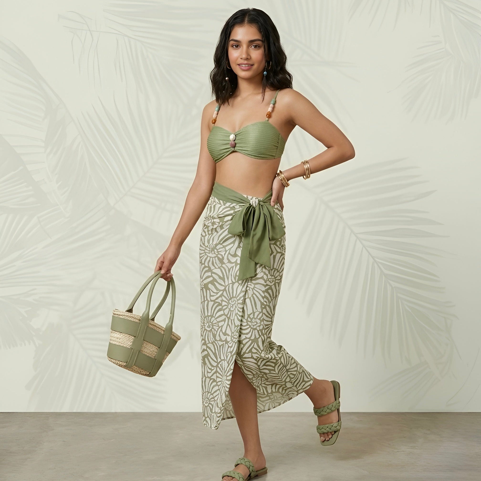 Olive Coast Beaded Bikini Set with Printed Wrap Skirt