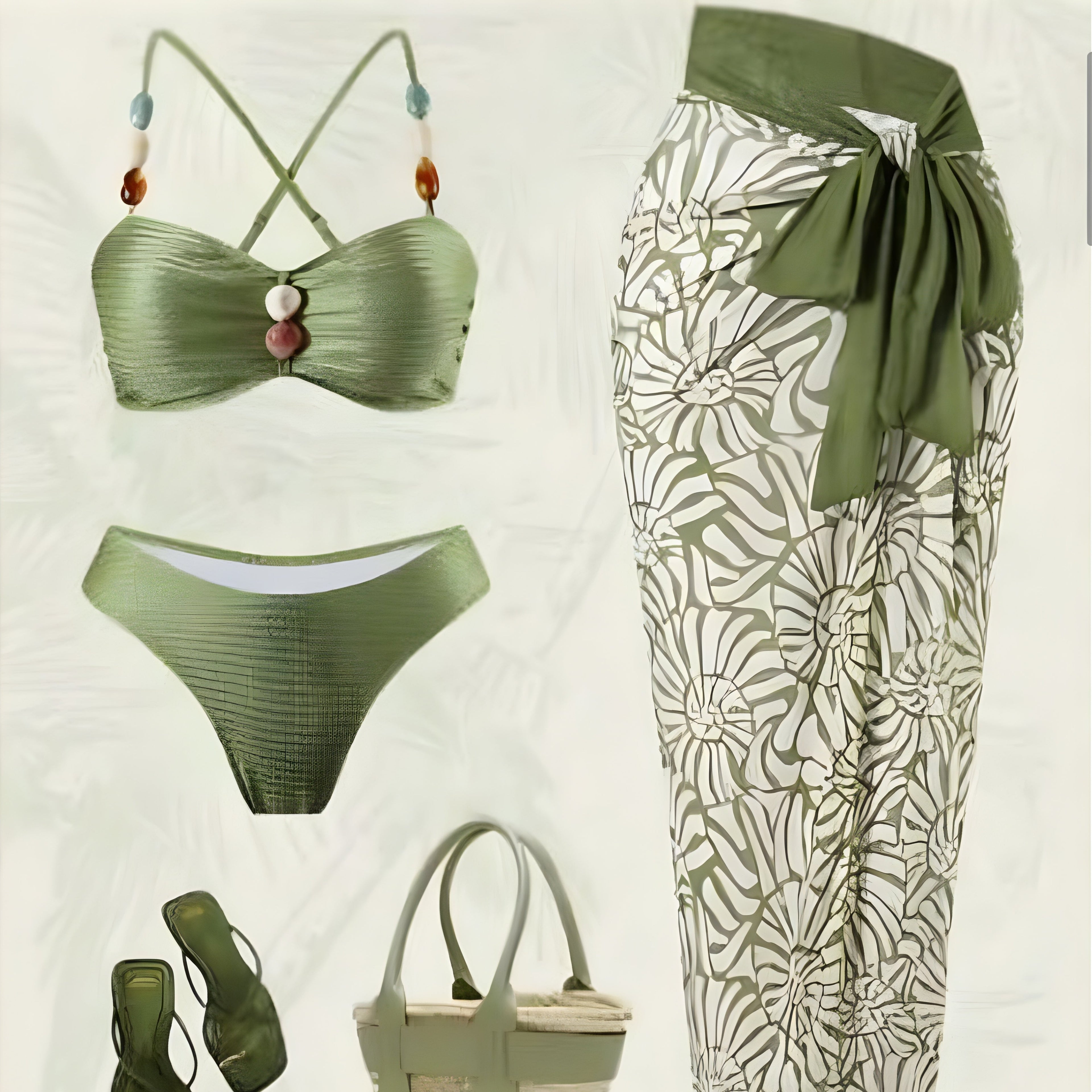 Olive Coast Beaded Bikini Set with Printed Wrap Skirt