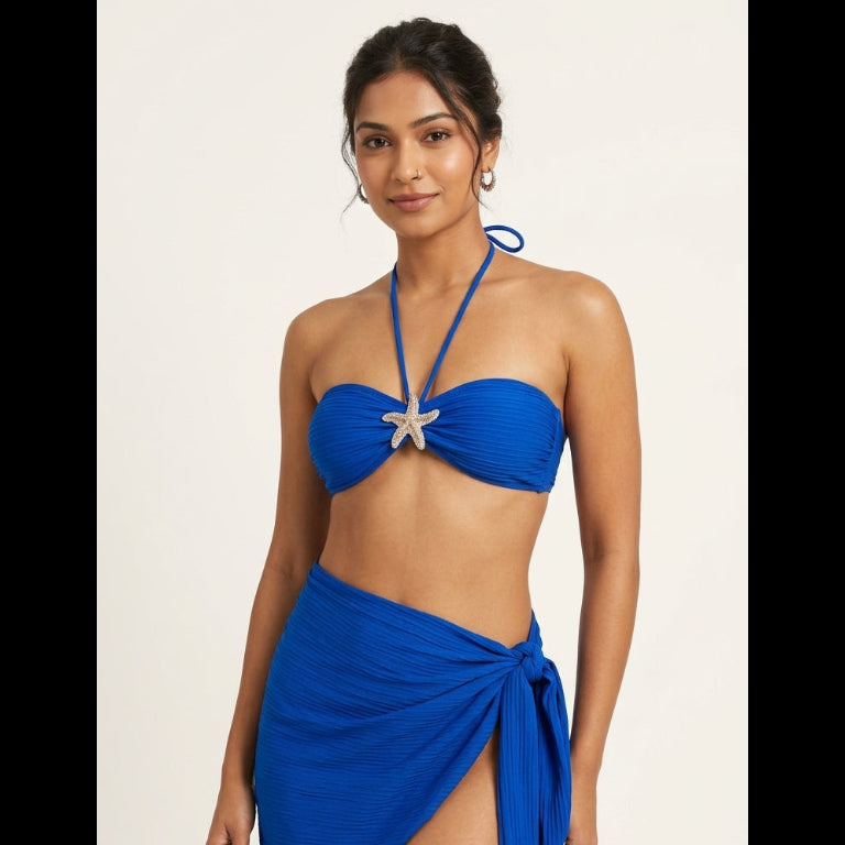 Textured Starfish Strap Bikini Set with Sheer Wrap Skirt