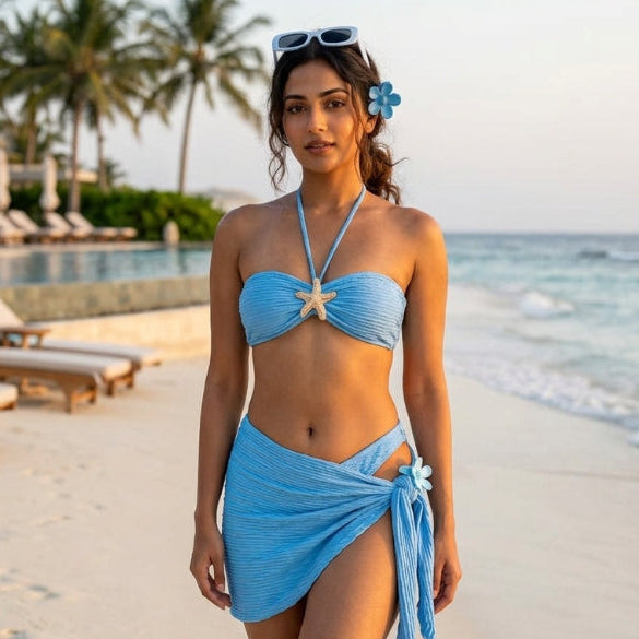Textured Starfish Strap Bikini Set with Sheer Wrap Skirt