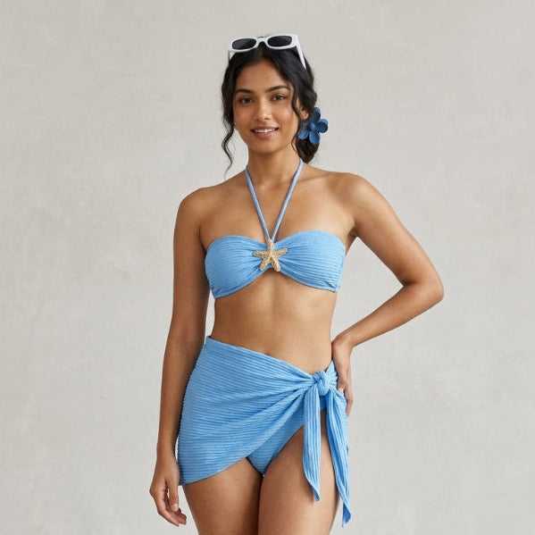 Textured Starfish Strap Bikini Set with Sheer Wrap Skirt