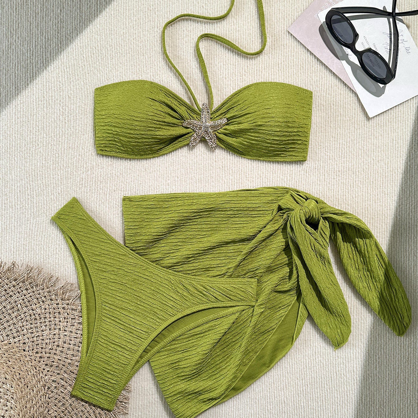 Textured Starfish Strap Bikini Set with Sheer Wrap Skirt