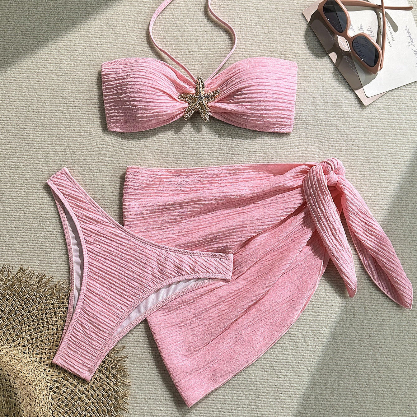 Textured Starfish Strap Bikini Set with Sheer Wrap Skirt